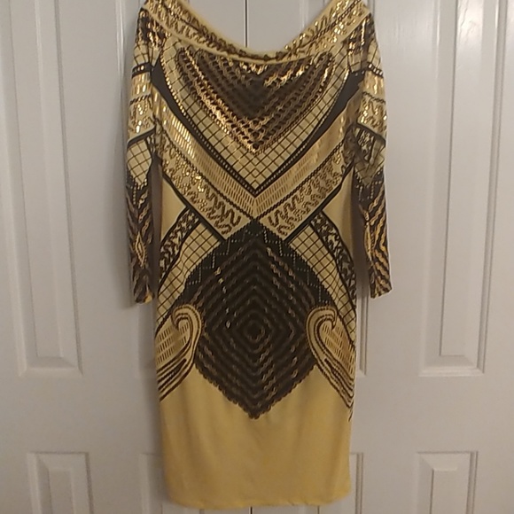 Bodycon Dress yellow with gold foil design - Picture 3 of 3